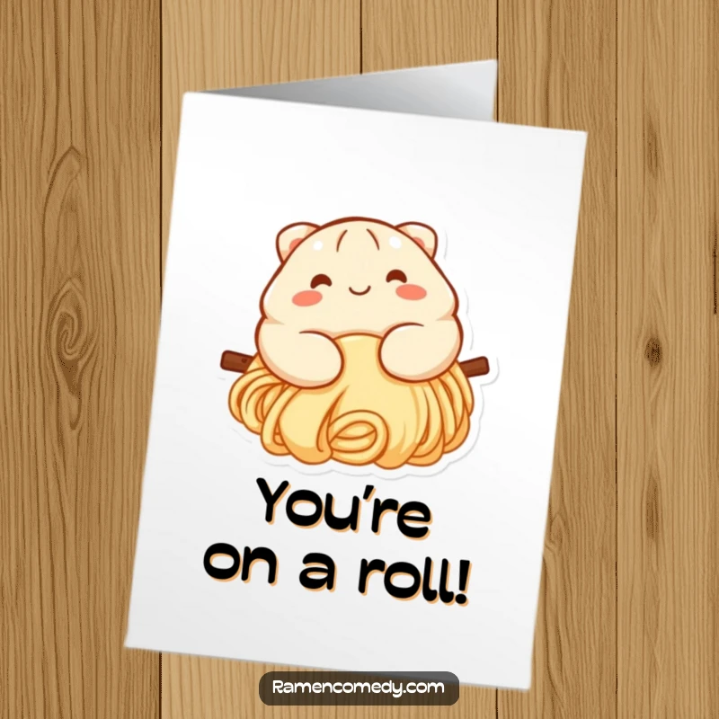 Cute Free Printable Congratulations Card: Smiling dumpling character with rosy cheeks sliding down a noodle, celebrating success.