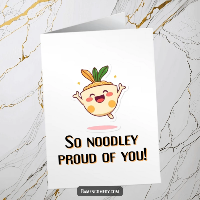 Funny Free Printable Congratulations Card showing a ridiculously happy ramen bowl character mid-leap, exuding pure celebratory excitement.