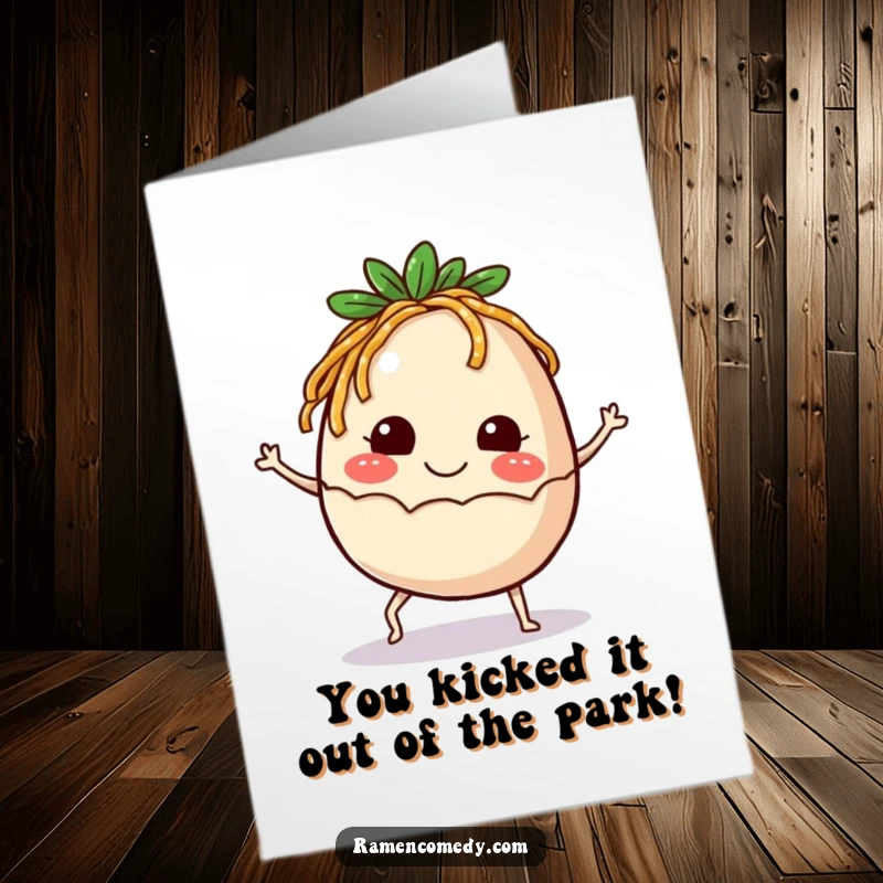 Funny Free Printable Congratulations Card: A smiling ramen egg with small legs happily kicks upwards, celebrating a major win.