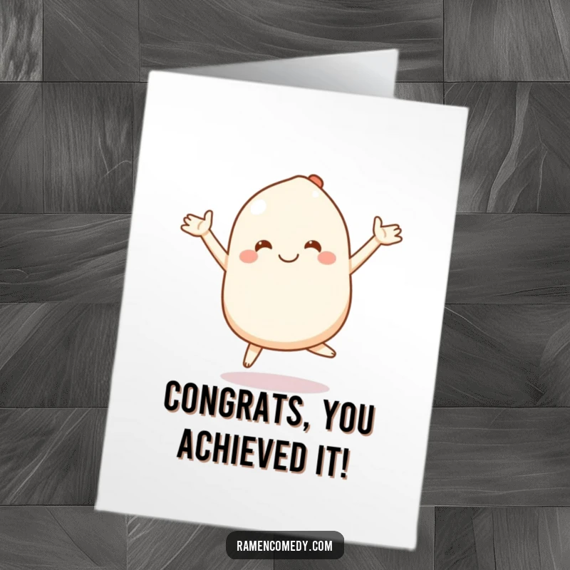 Funny Free Printable Mochi Congratulations Card: Smiling character bouncing with stretchy arms, a downloadable gift.