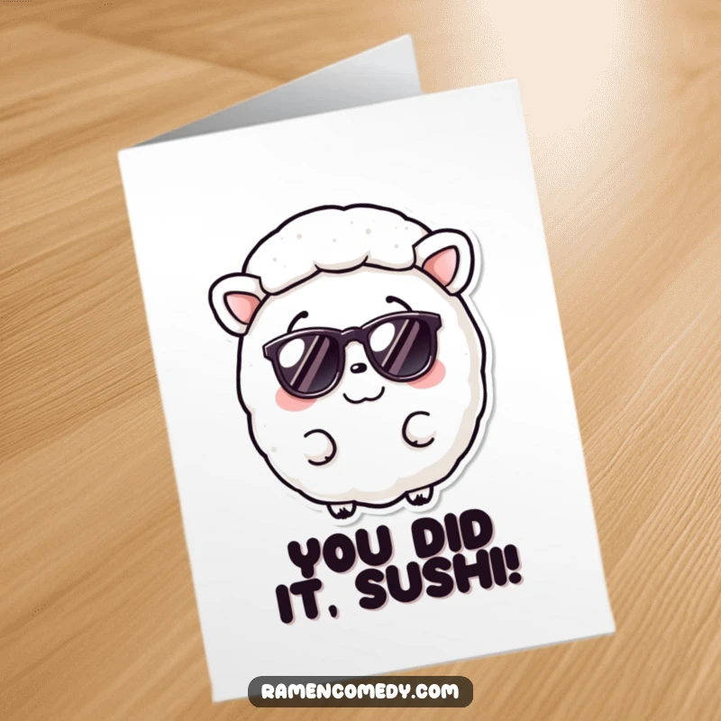 Free Printable congratulations card with a smiling nori sheet sporting tiny sunglasses, conveying cool success.