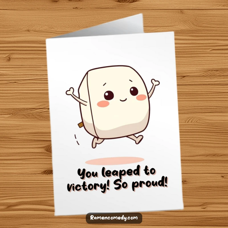 Funny Free Printable Congratulations Card: Smiling onigiri character leaping with excitement, celebrating success like a delicious rice ball win.