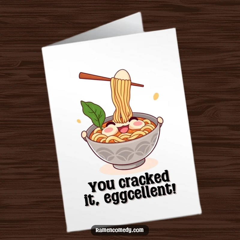 Funny Free Printable Congratulations Card showing a happy ramen bowl juggling chopsticks and an egg, celebrating success.