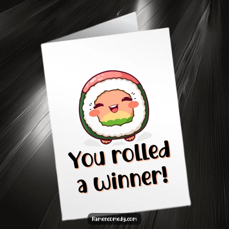 Funny Free Printable Congratulations Card: A cheerful sushi roll character winks playfully, celebrating an awesome accomplishment with charm.