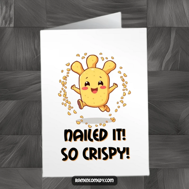 Funny Free Printable Congratulations Card featuring a happy tempura piece leaping through sesame seeds, perfect for celebrating.