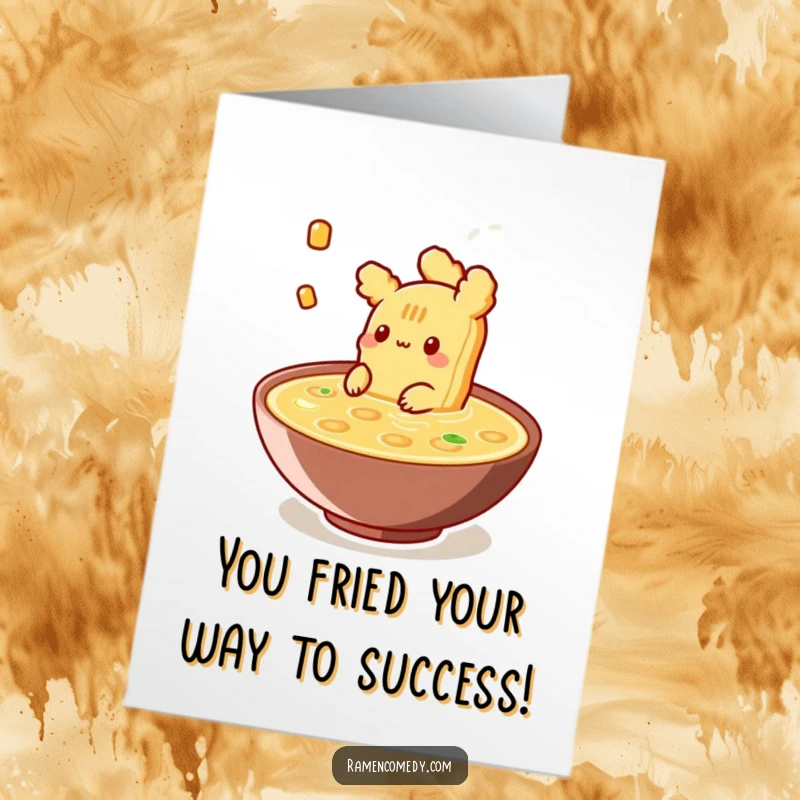 Funny free printable congratulations card showing a Tempura piece happily floating in broth, celebrating an achievement.
