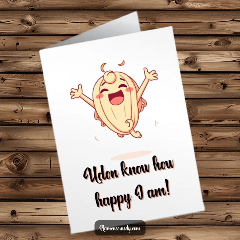 Funny Free Printable Congratulations Card: An excited udon noodle character leaping high with delight, celebrating success.