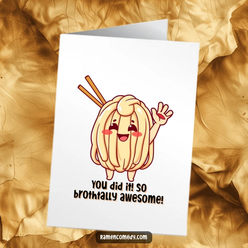 Funny Free Printable Congratulations Card: Cheerful udon noodle character waving energetically, celebrating success with foodie fun.