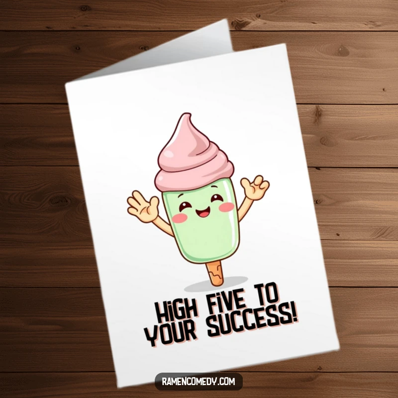 Funny Free Printable Congratulations Card: A happy matcha ice cream character offering a celebratory high-five.