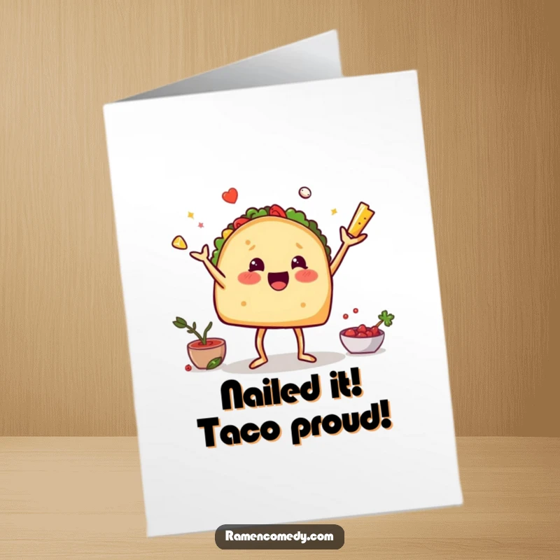 Funny Free Printable Congratulations Card: A taco on legs joyfully juggles ingredients, celebrating a momentous achievement with zest.
