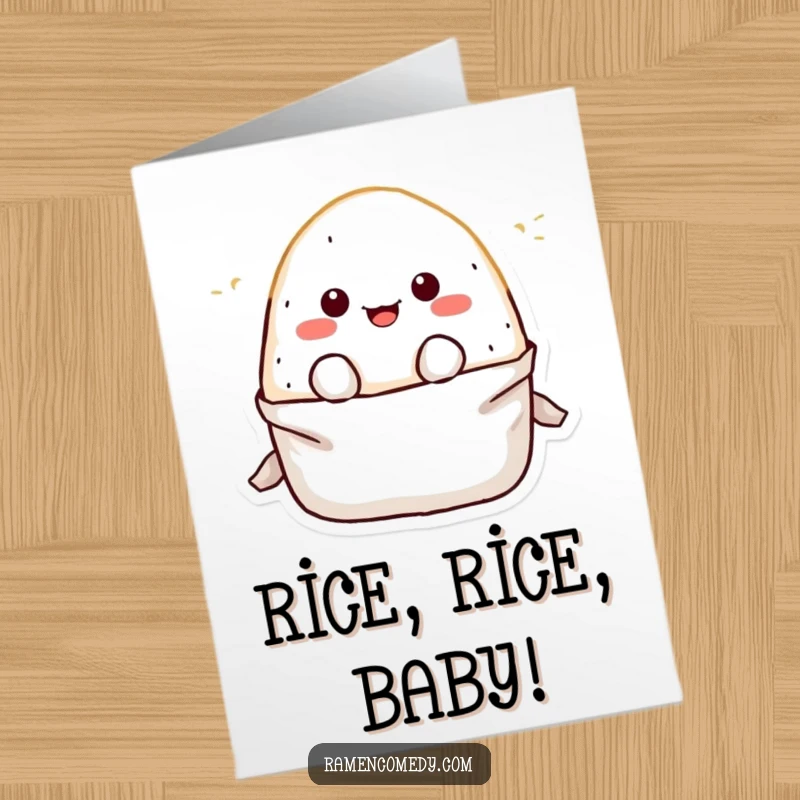 Funny Free Printable Congratulations Card: A happy onigiri character leaping out of its wrapper with excitement for your success.
