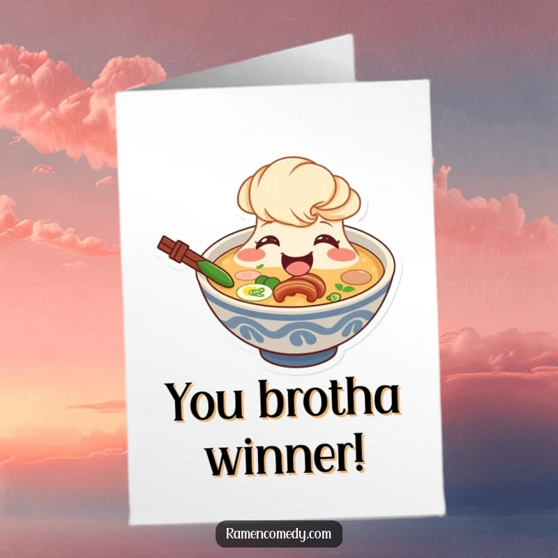 Funny free printable congratulations card of a smiling ramen broth character beaming broadly from its bowl, celebrating their success.