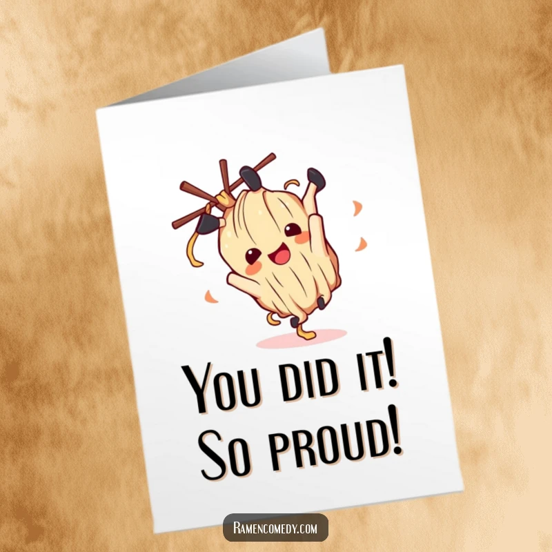 Funny Free Printable Congratulations Card: A delighted ramen noodle character doing a somersault to celebrate achievements with pure excitement.