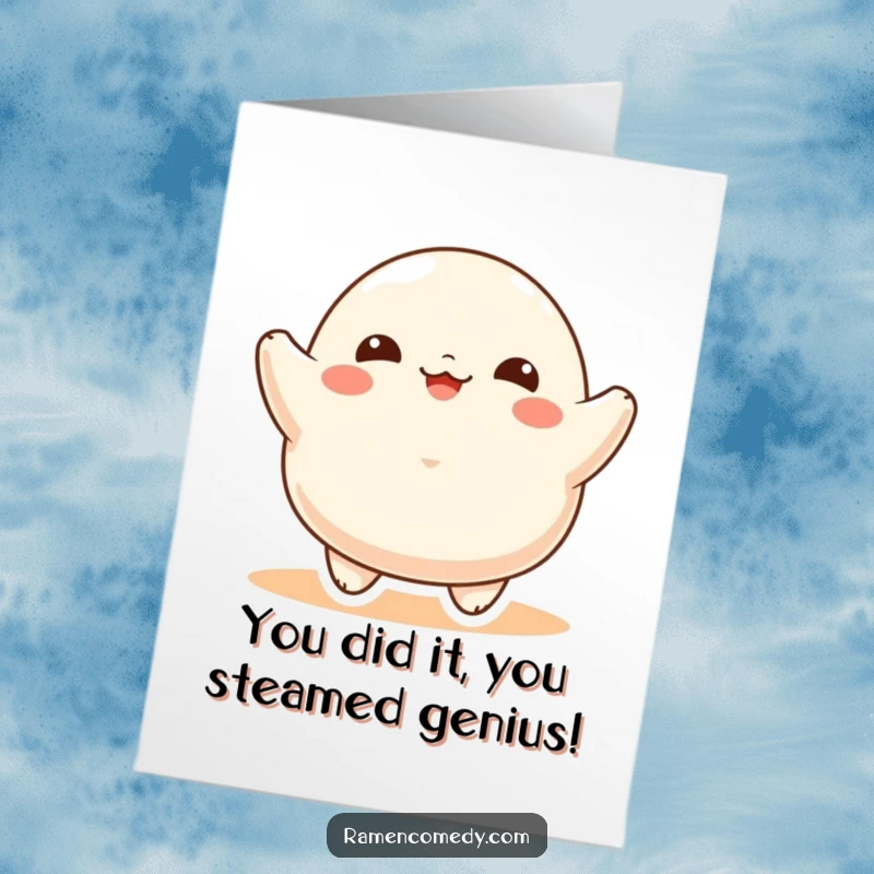 Funny free printable congratulations card showing a happy dumpling character joyfully bouncing to celebrate success.