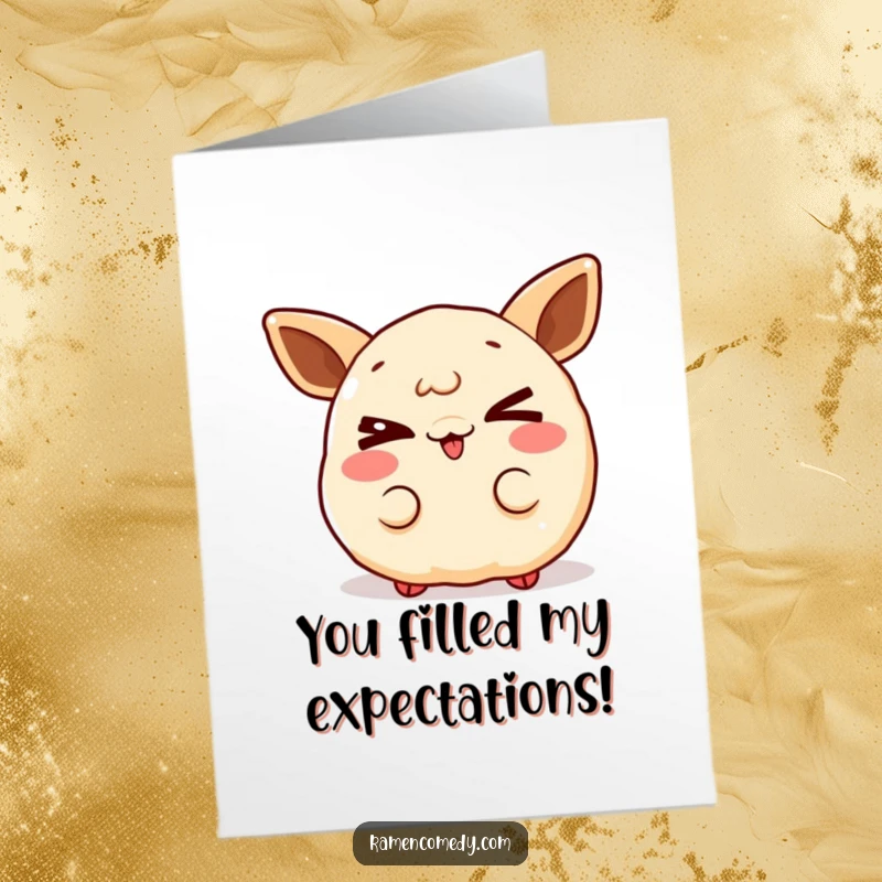 Funny Free Printable Congrats Card: Gleeful gyoza character with a mischievous wink. Cheeky downloadable gift.