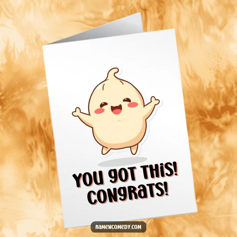 Funny Free Printable Congrats Card: A cheerful dumpling character bounces with unrestrained joy, celebrating a big win. Downloadable art.