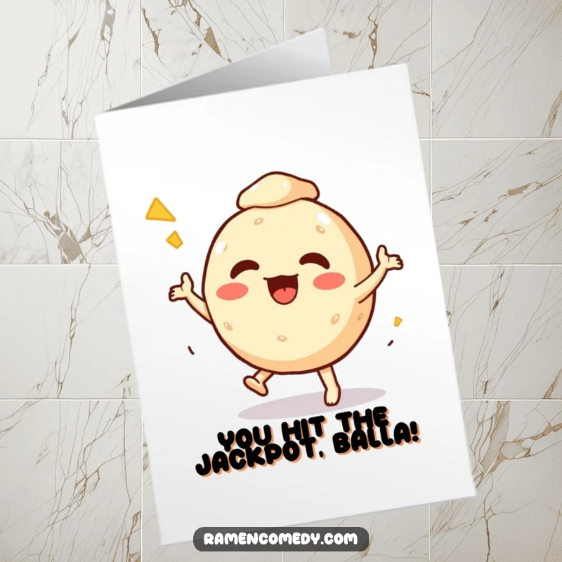 Funny free printable congratulations card showing an excited Takoyaki character performing a happy, energetic dance.