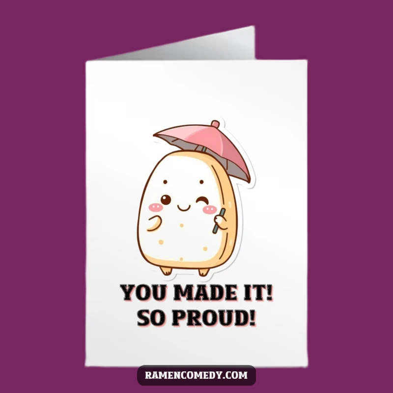 Free Printable Congrats Card: Grinning Onigiri With Umbrella, Fun Downloadable
