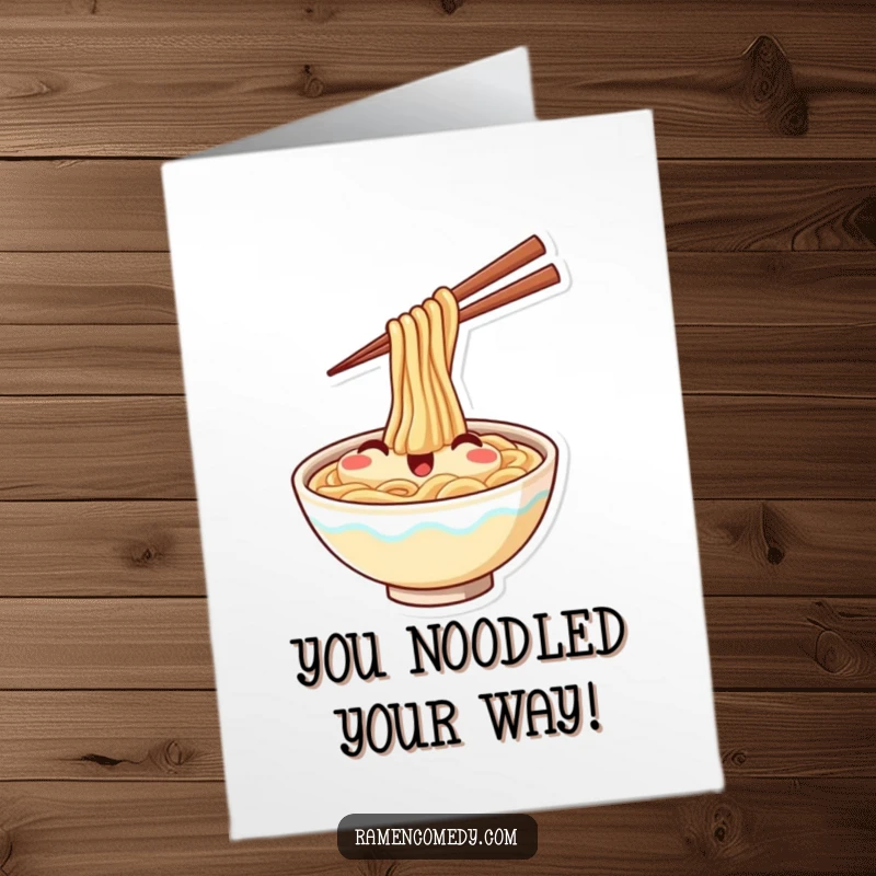 Funny Free Printable Congratulations Card: A smiling ramen bowl with chopsticks waves enthusiastically, celebrating a win. Perfect DIY downloadable gift.