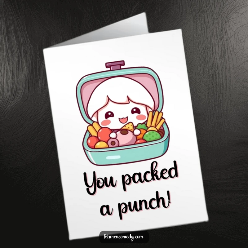 Funny Free Printable congratulations card with a happy bento box character revealing colorful food, celebrating achievements with zest.