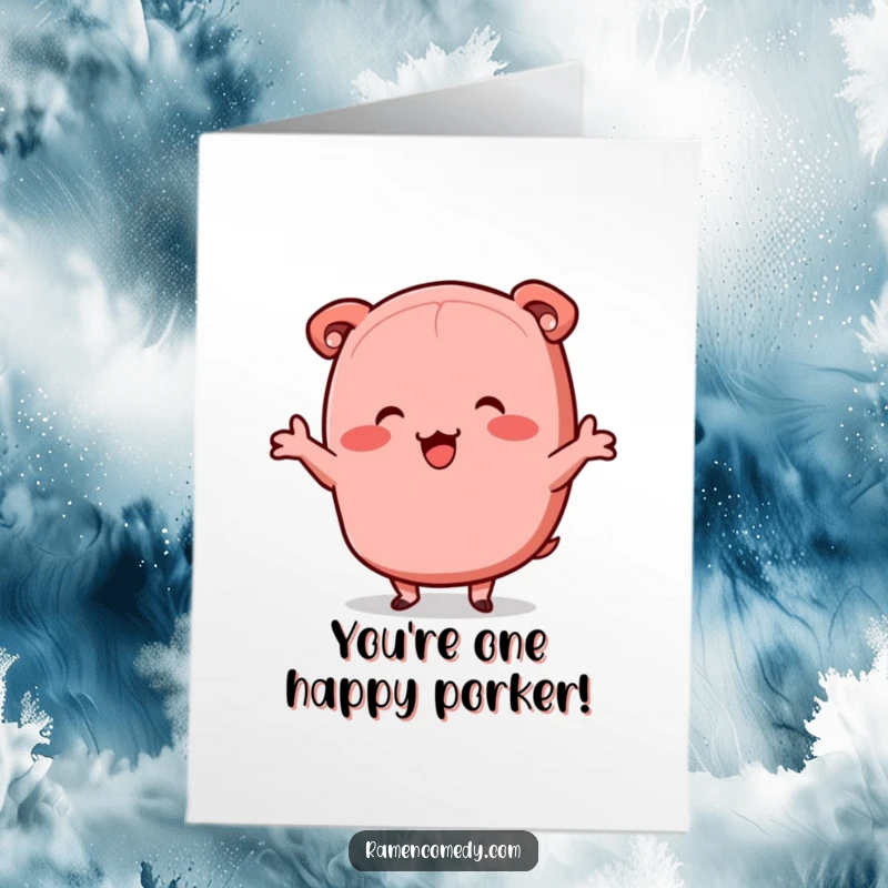 Funny free printable congratulations card showcasing a happy chashu pork slice performing a celebratory jig, perfect for any win.