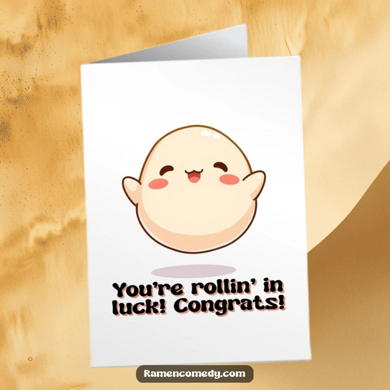 Funny Free Printable Congrats Card: A cartoonish dumpling joyfully bounces like a ball, celebrating a wonderful accomplishment.