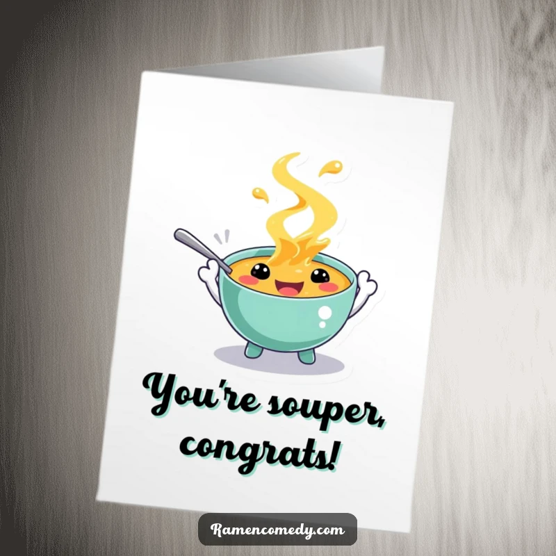 Funny Free Printable Congrats Card: A soup character joyfully splashing with spoon hands, celebrating an achievement.