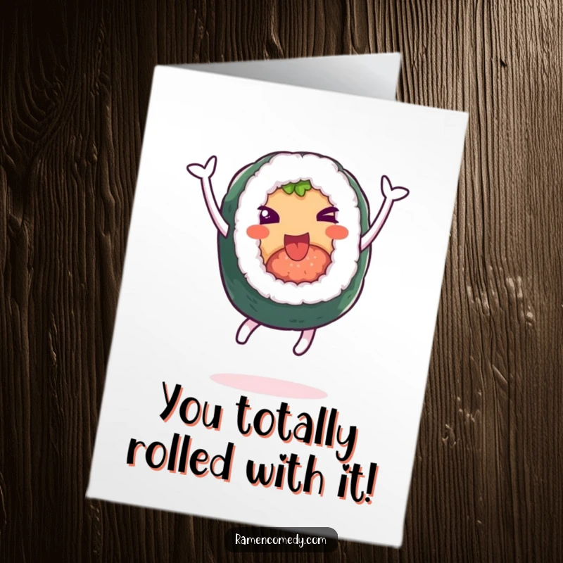 Funny Free Printable Congratulations Card: Sushi roll character leaps joyfully into the air to celebrate success gift.