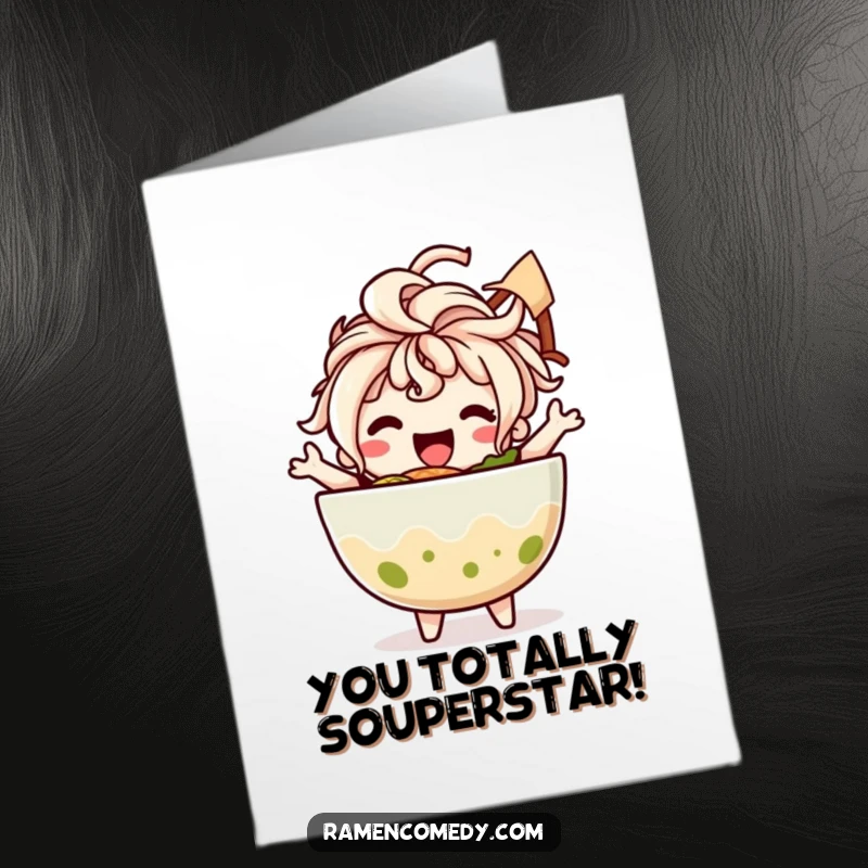 Funny Free Printable Congratulations Card: Happy ramen bowl dances with delight to celebrate a major success gift.