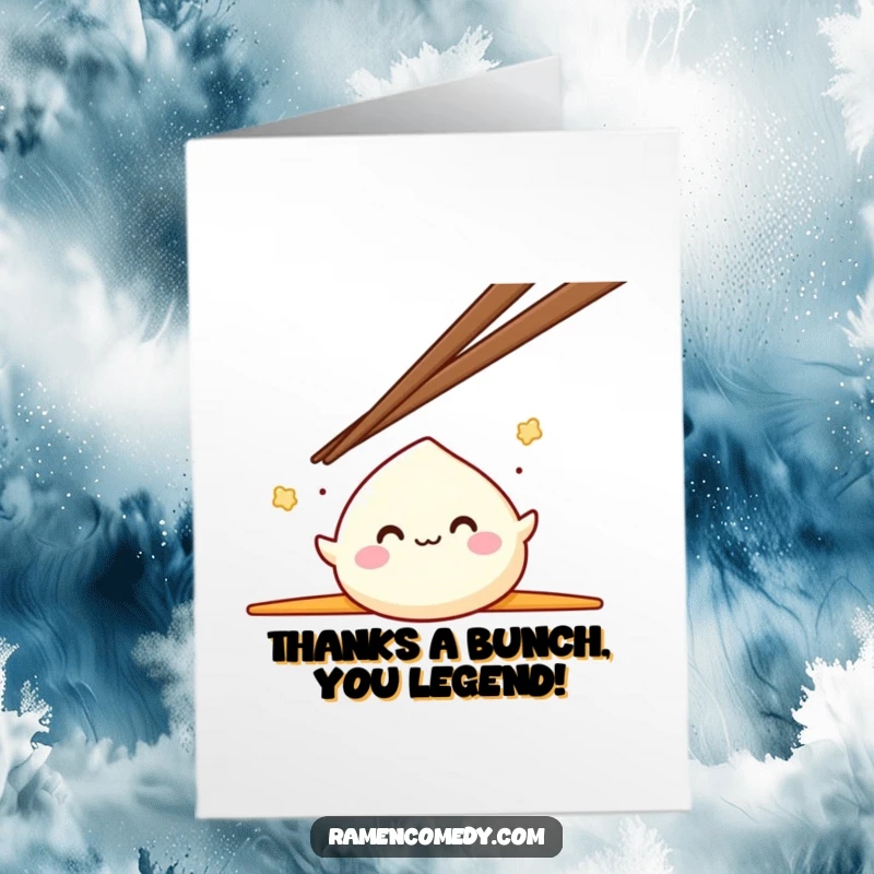 Funny Free Printable Mochi Thank You Card: A smiling mochi character leaping between two enormous chopsticks.
