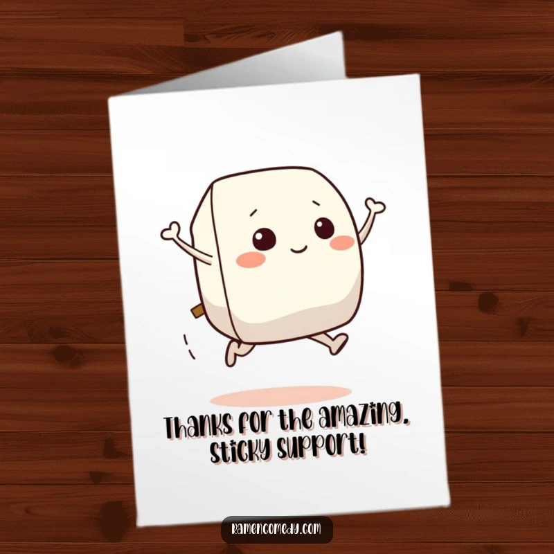 Funny Free Printable Thank You Card: Smiling onigiri character leaping with thanks, conveying appreciation in a cute food illustration.