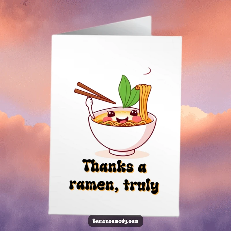 Funny Free Printable Thank You Card: A smiling ramen bowl happily juggles chopsticks, offering a delightful thank you.