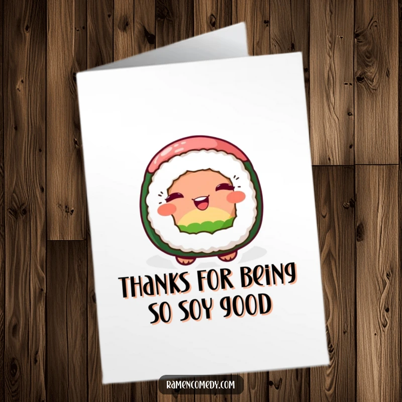 Funny Free Printable Thank You Card: A cheerful sushi roll character winks playfully, offering a delightful and memorable thank you.