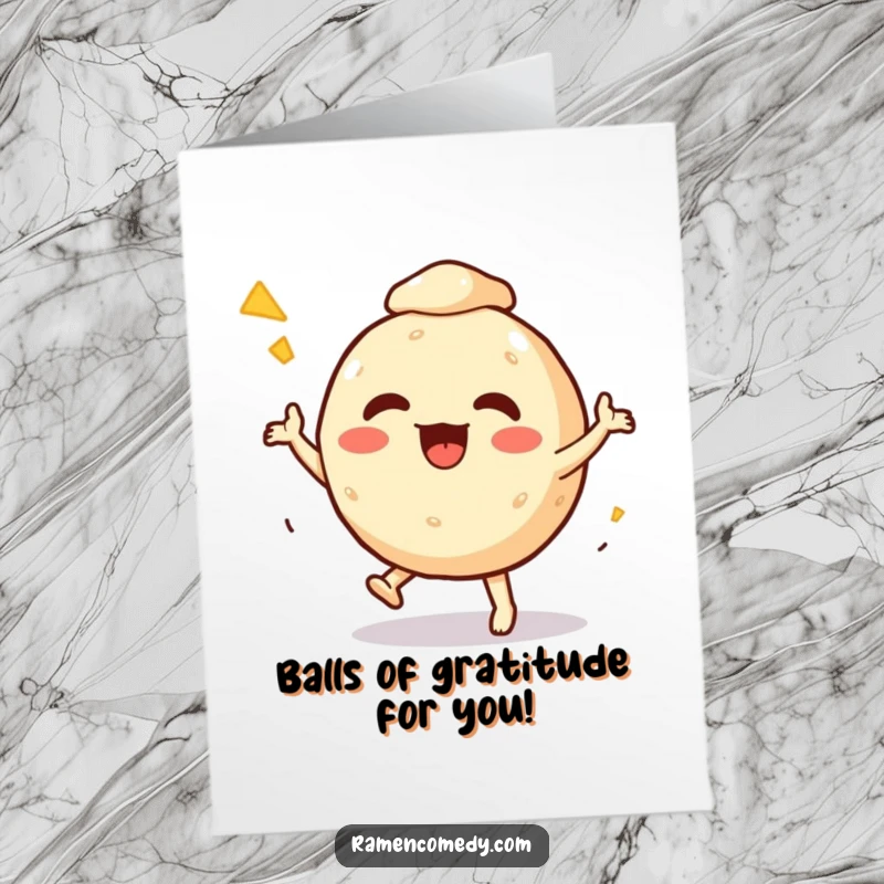 Funny free printable thank you card featuring an excited Takoyaki ball character dancing with gratitude.