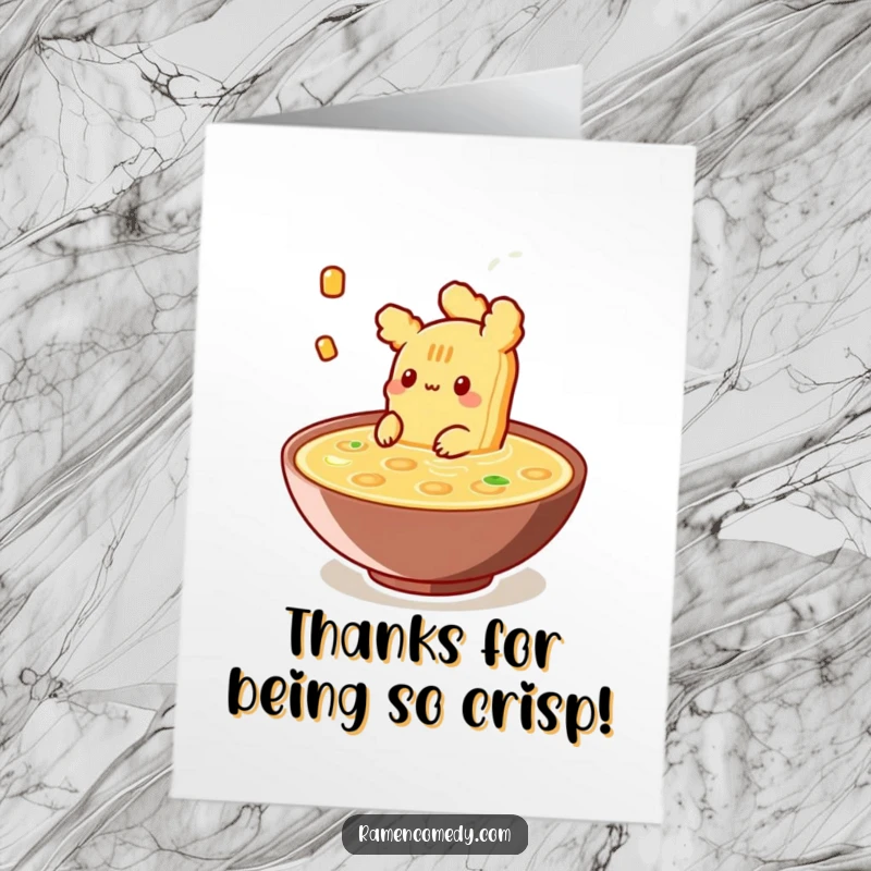 Funny free printable thank you card featuring a Tempura piece happily floating in broth with a grateful expression.