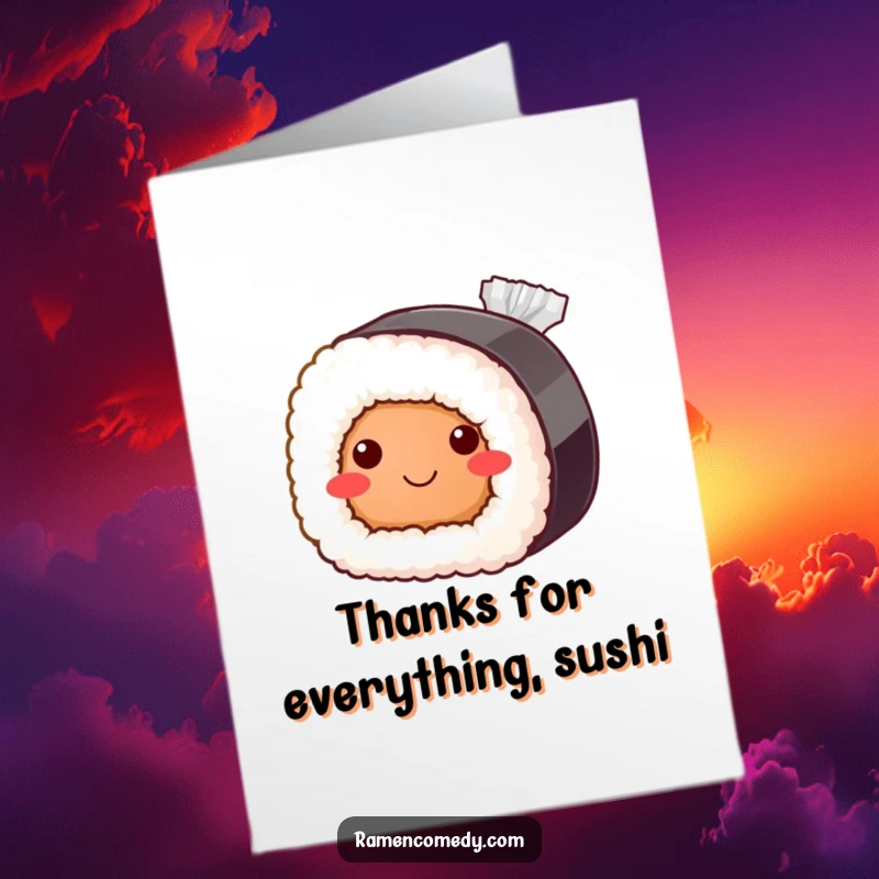 Funny free printable thank you card showing a bashful sushi roll peeking out from behind a soy sauce packet with a shy grin.