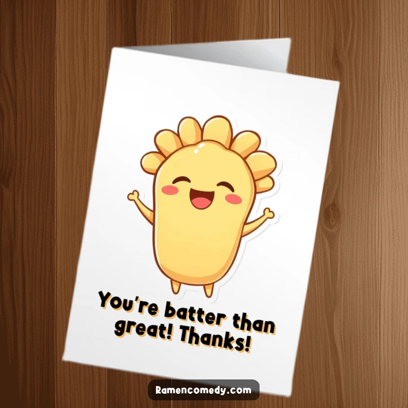 Funny Free Printable Thank You Card: A bouncing piece of tempura character with a delighted expression, sending thanks cheerfully.