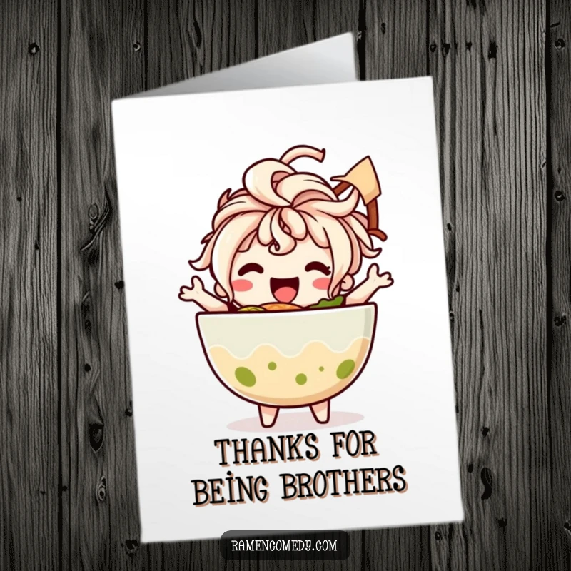 Funny Free Printable Thank You Card: Ramen bowl dances happily, offering thanks with its noodle hair gift.