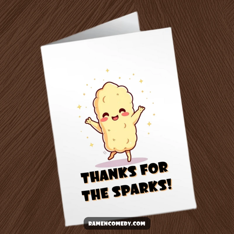 Funny Free Printable Thank You Card: A dancing tempura character showers tiny sparks, sending heartfelt thanks. Downloadable art.
