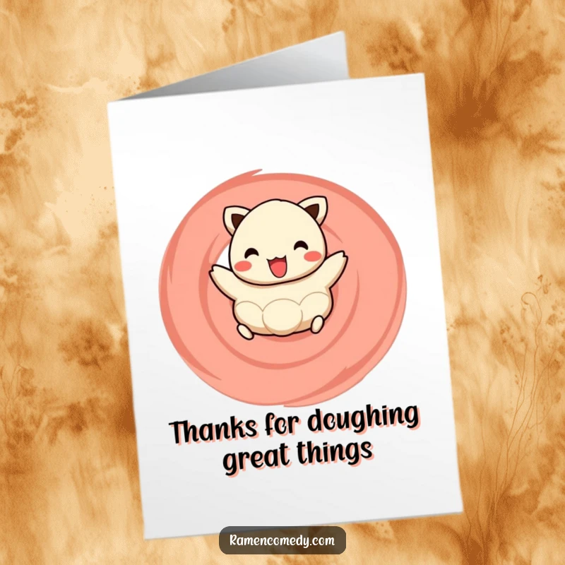 Funny Free Printable Thank You Card: A happy dumpling hops with delight on a naruto swirl. Cute downloadable art.