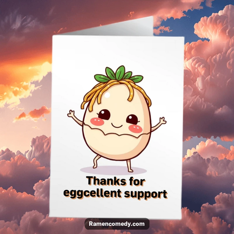 Funny Free Printable Thank You Card: A smiling ramen egg with tiny legs joyfully kicks, conveying sincere appreciation.
