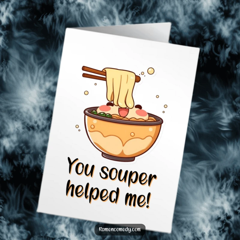Funny Free Printable Thank You Card: Bubbling ramen broth character throwing a surprising splash to show thanks.