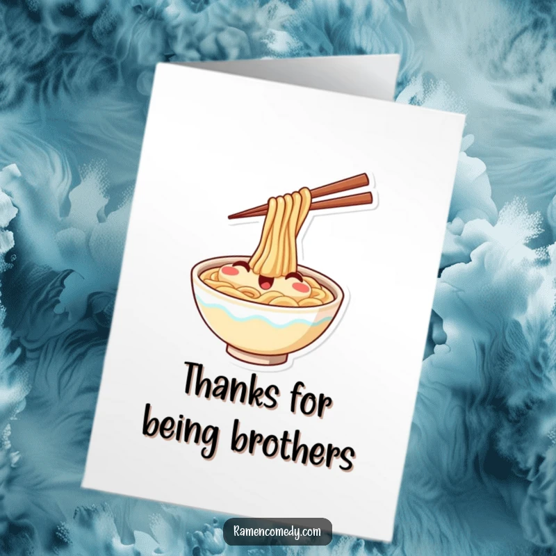 Funny Free Printable Thank You Card: A smiling bowl of ramen waves warmly with chopsticks. A cute downloadable art.