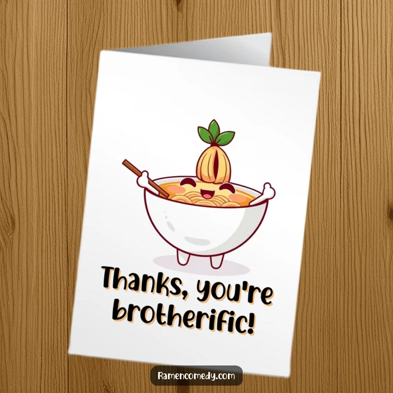Funny Free Printable Thank You Card: A cheerful ramen bowl character with appetizer chopsticks as arms, waving a friendly thank you.