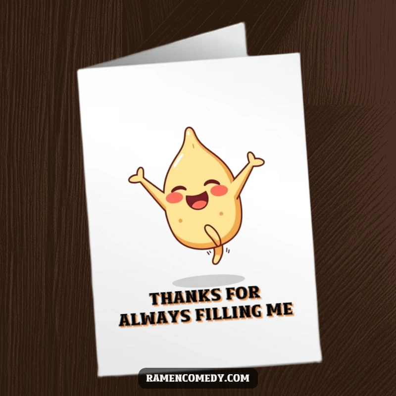 Funny Free Printable Thank You Card: Gyoza character performs a cartwheel, expressing thanks playfully gift.