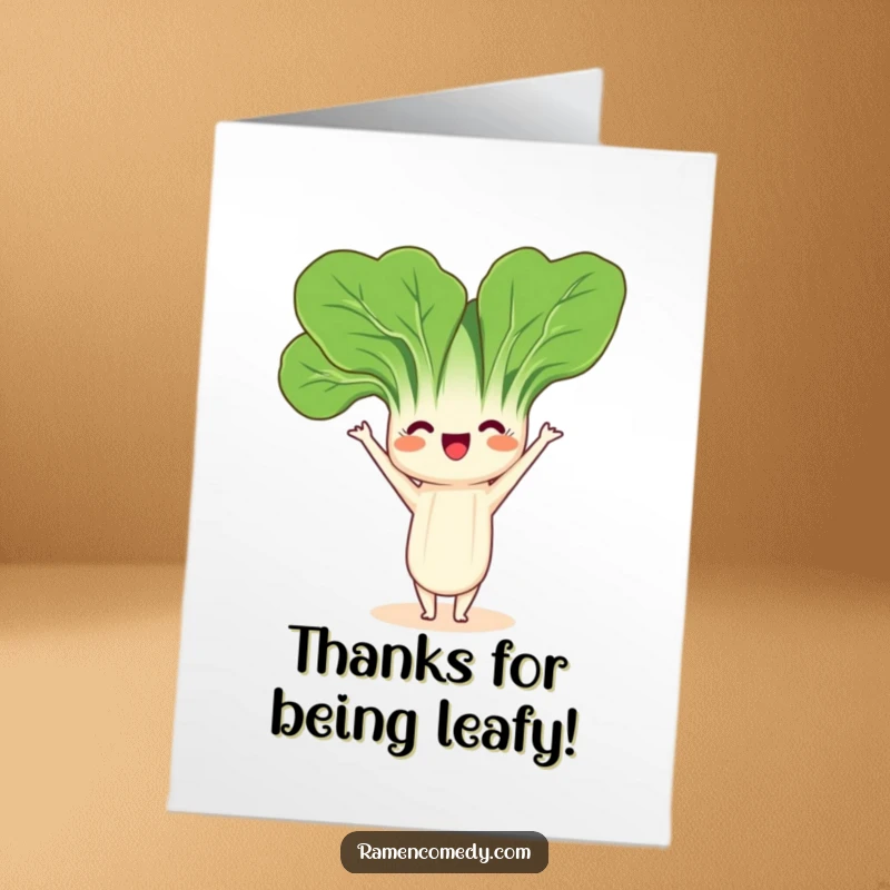 Funny Free Printable Bok Choy Thank You Card: A happy bok choy character playfully balanced on its head.