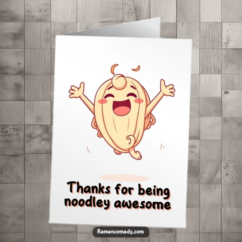 Funny Free Printable Thank You Card: An excited udon noodle character leaping with delight, conveying thanks.