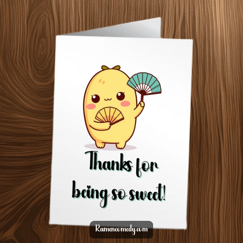Funny Free Printable Thank You Card: A charming tamagoyaki character holding a tiny fan, offering a cool and breezy expression of gratitude.