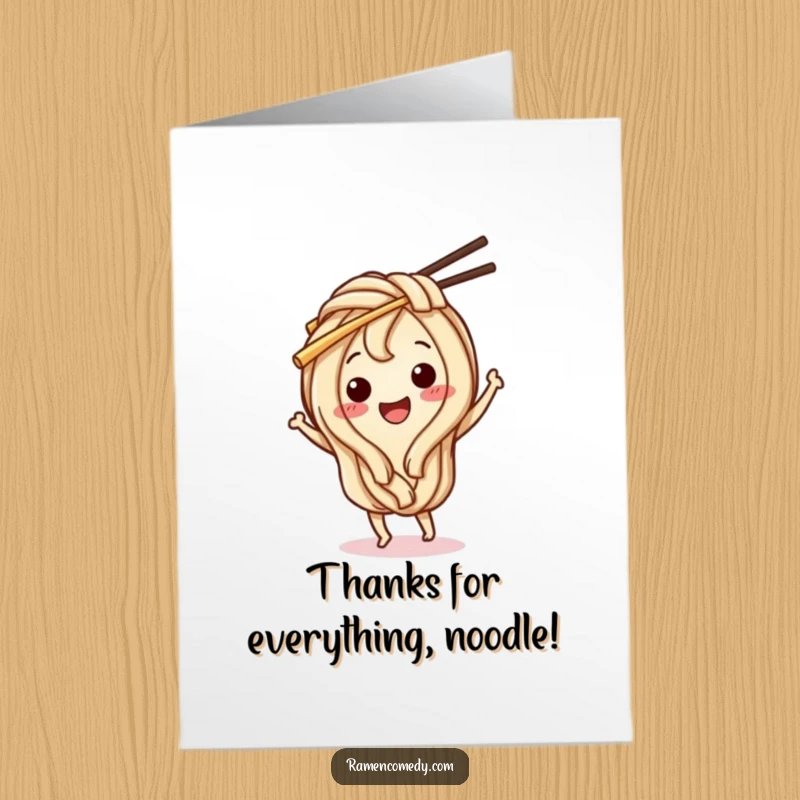 Funny Free Printable Thank You Card, a happy udon noodle dancing with chopsticks, expressing thanks deliciously.