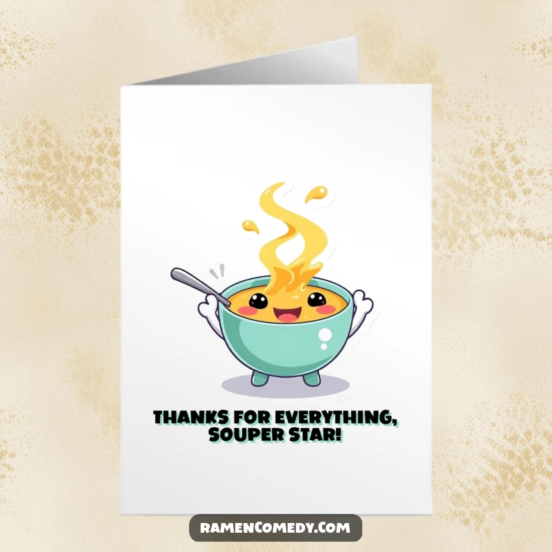 Funny Free Printable Thank You Card: A soup character splashing with glee, expressing gratitude with spoon hands.